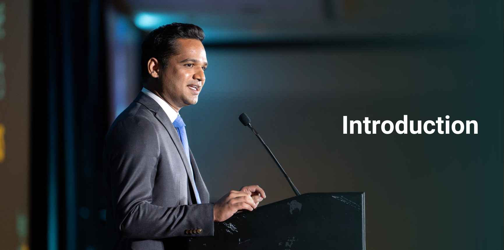 Photo of Vikram Swaruup with the text "Introduction"