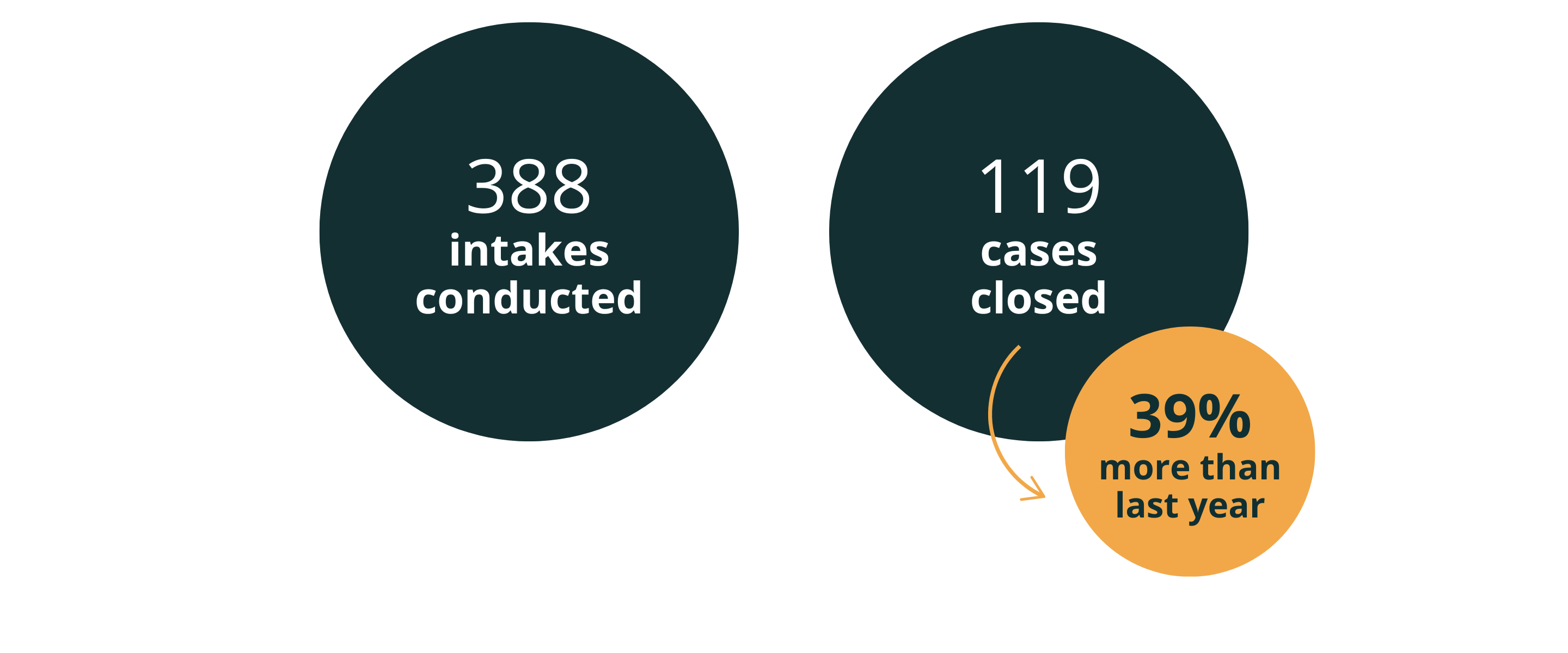 388 intakes conducted. 119 cases closed (39% more than last year)